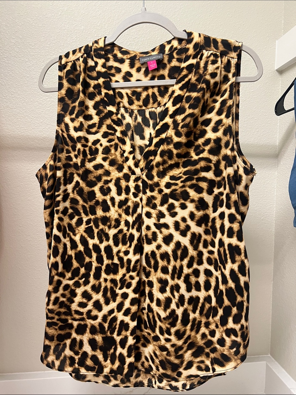 Vince Camuto Sleeveless V-Neck Leopard Print Top — Tan and Black